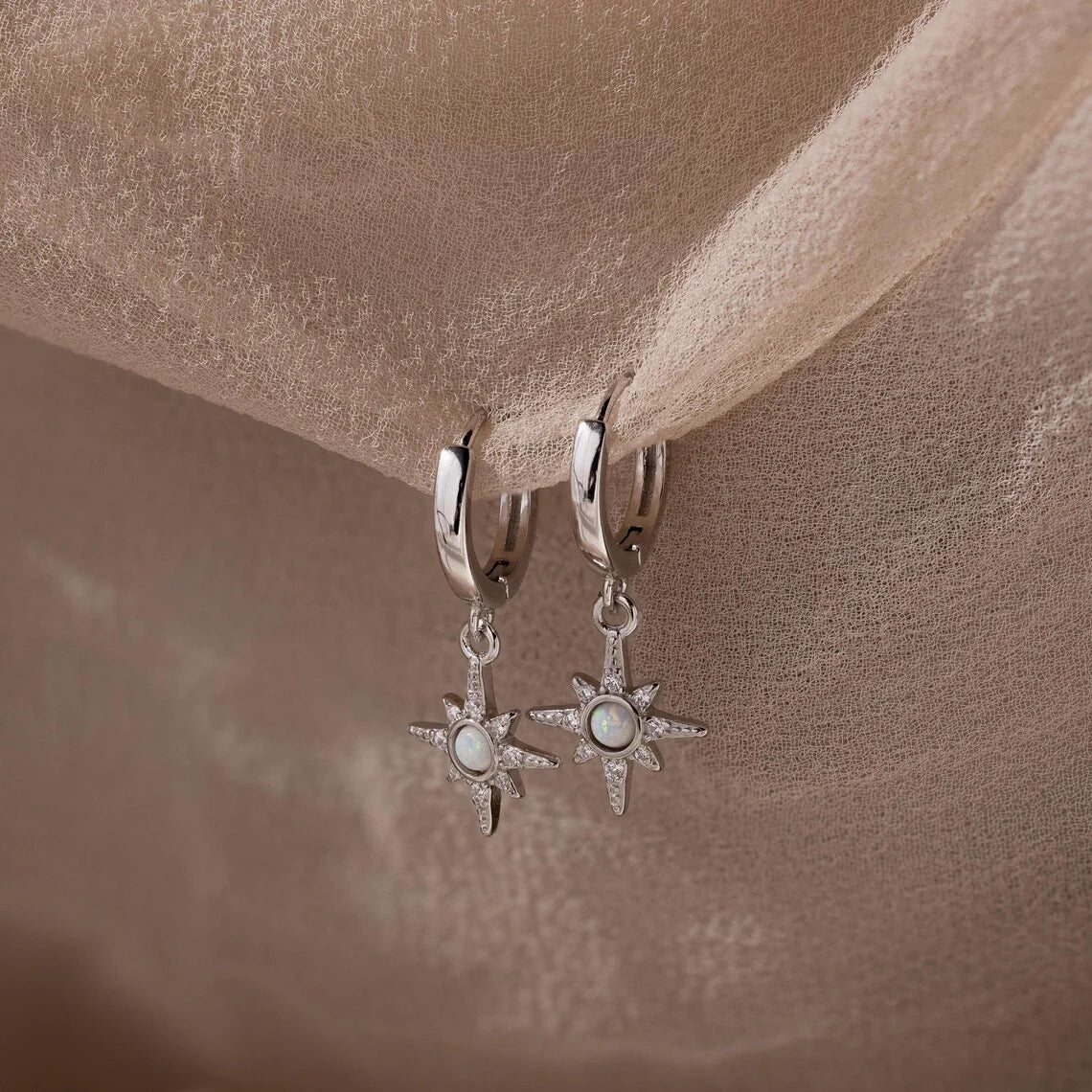Opal Starburst Charm Huggies Silver 18K Gold Plated