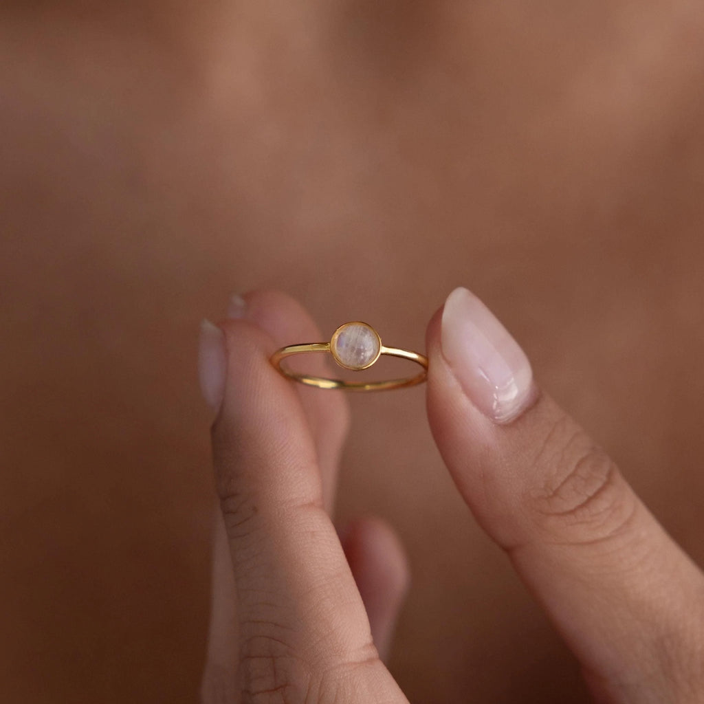 Dainty Round Moonstone Ring Silver 18K Gold Plated