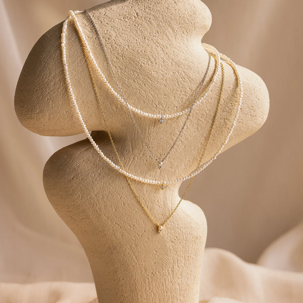 Pearl & Diamond Duo Necklace Silver 18K Gold Plated