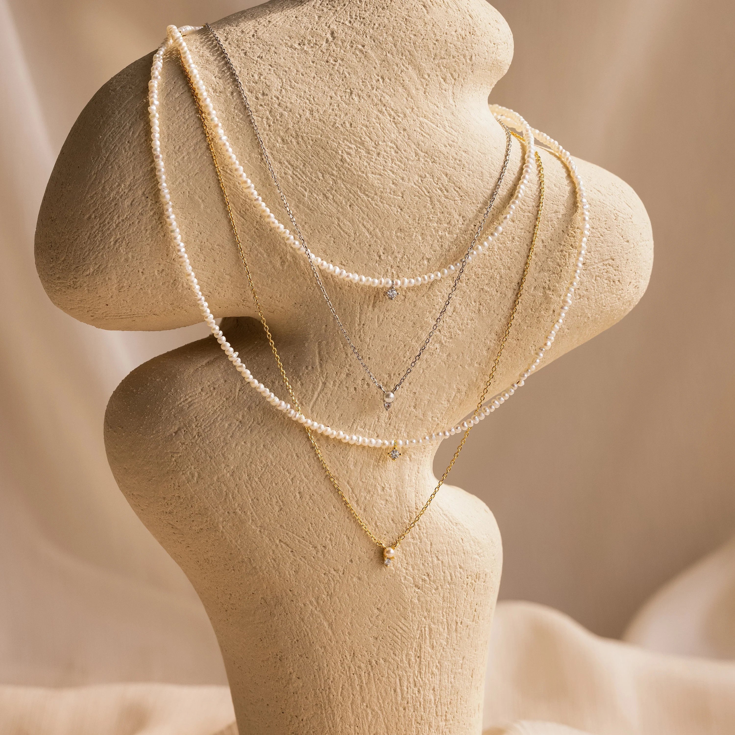 Pearl & Diamond Duo Necklace Silver 18K Gold Plated
