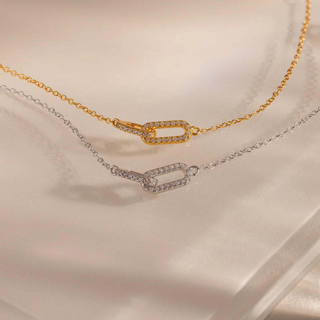 Diamond Pave Duo Link Pendant Bracelet Silver 18K Gold Plated