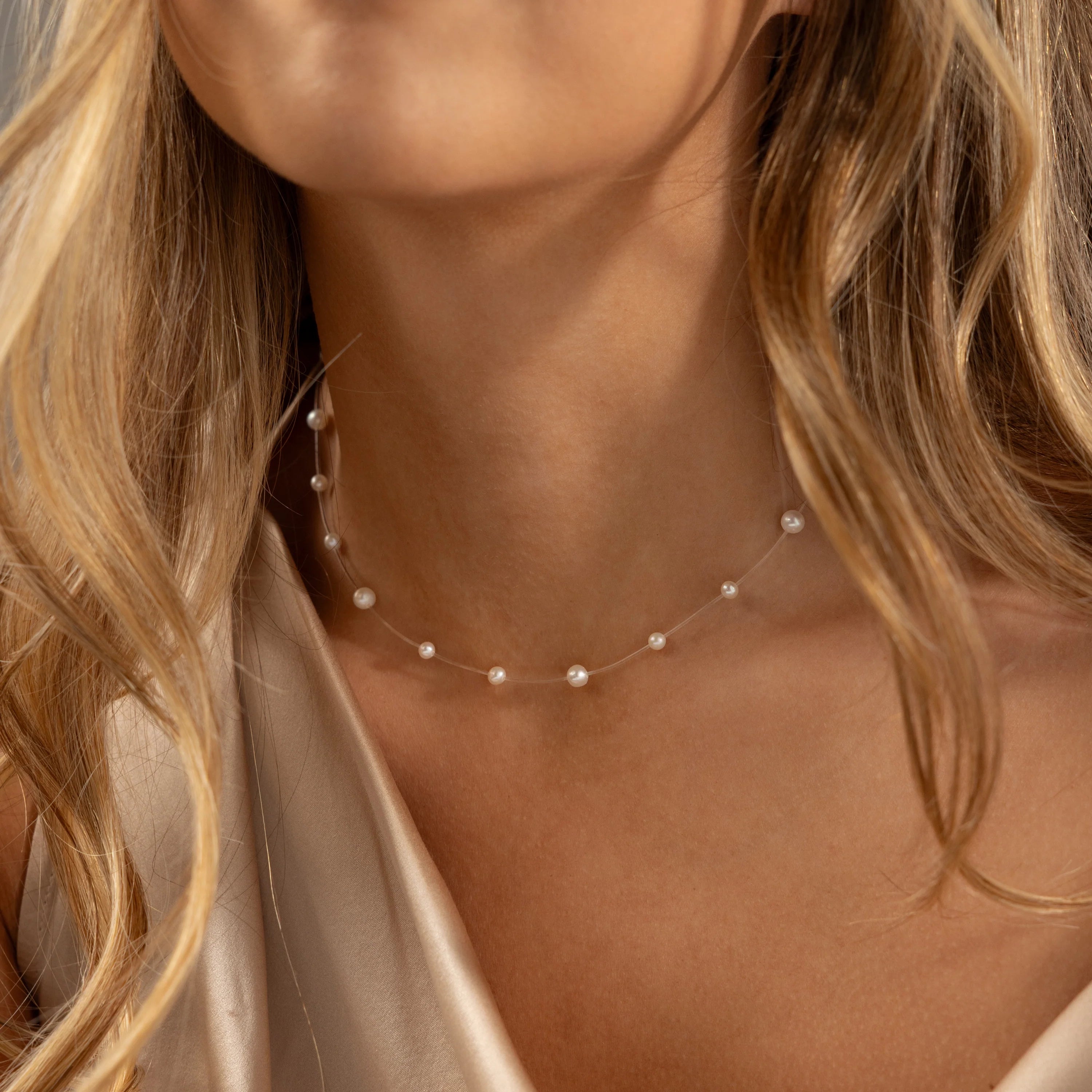 Floating Pearl Necklace Silver 18K Gold Plated