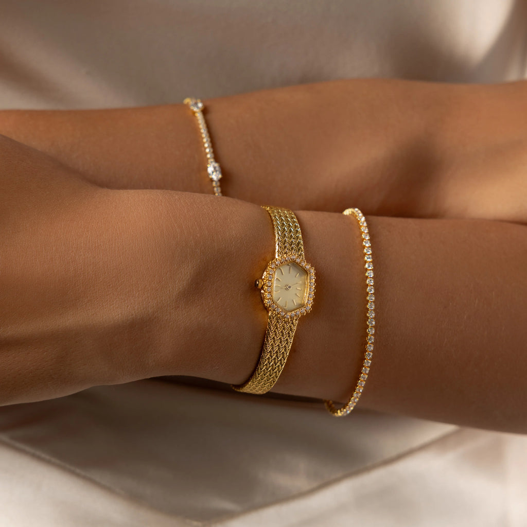 Diamond Woven Mesh Pave Timepiece Silver 18K Gold Plated