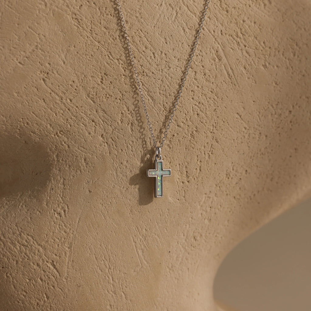 Opal Cross Necklace Silver 18K Gold Plated