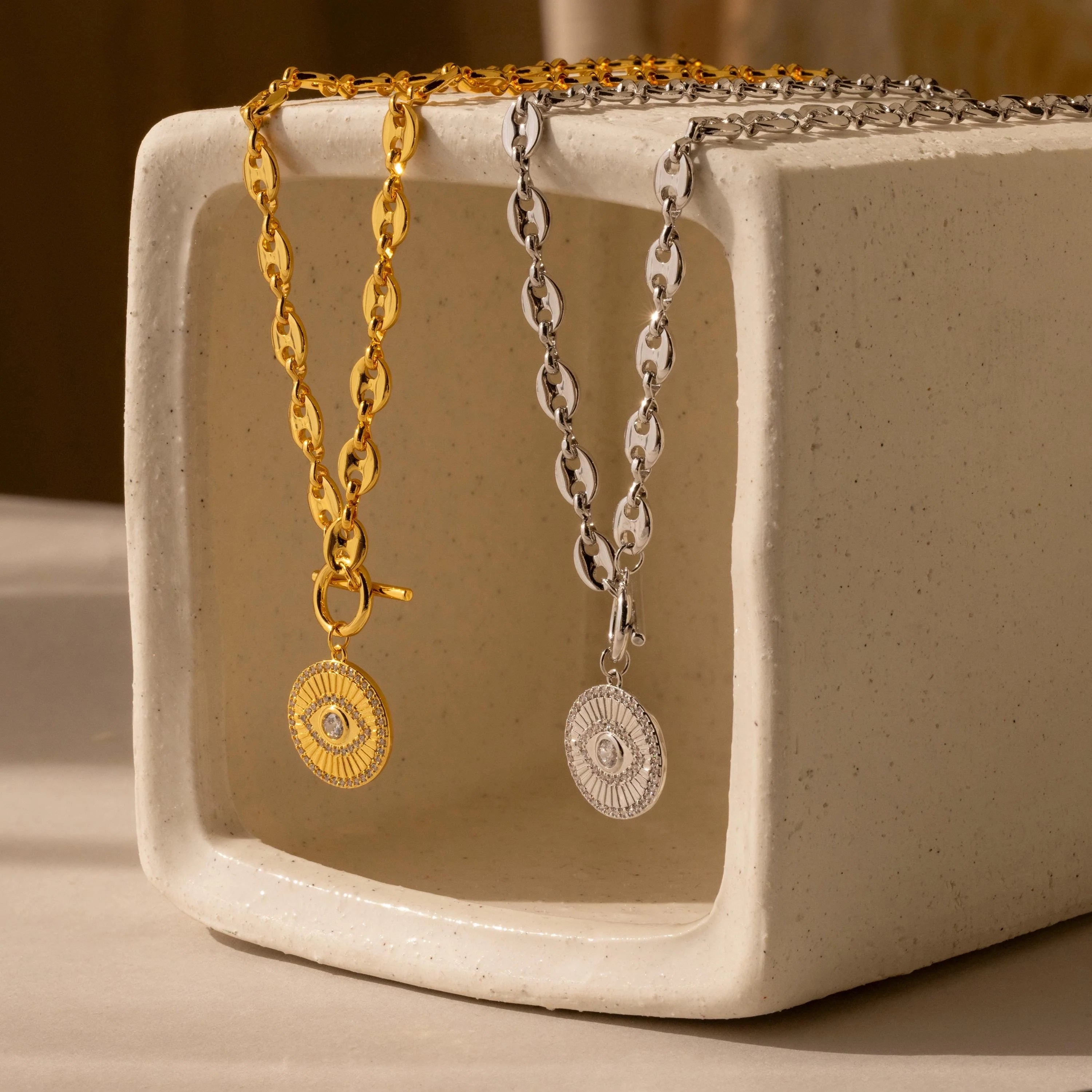 Diamond Evil Eye Toggle Necklace Silver 18K Gold Plated