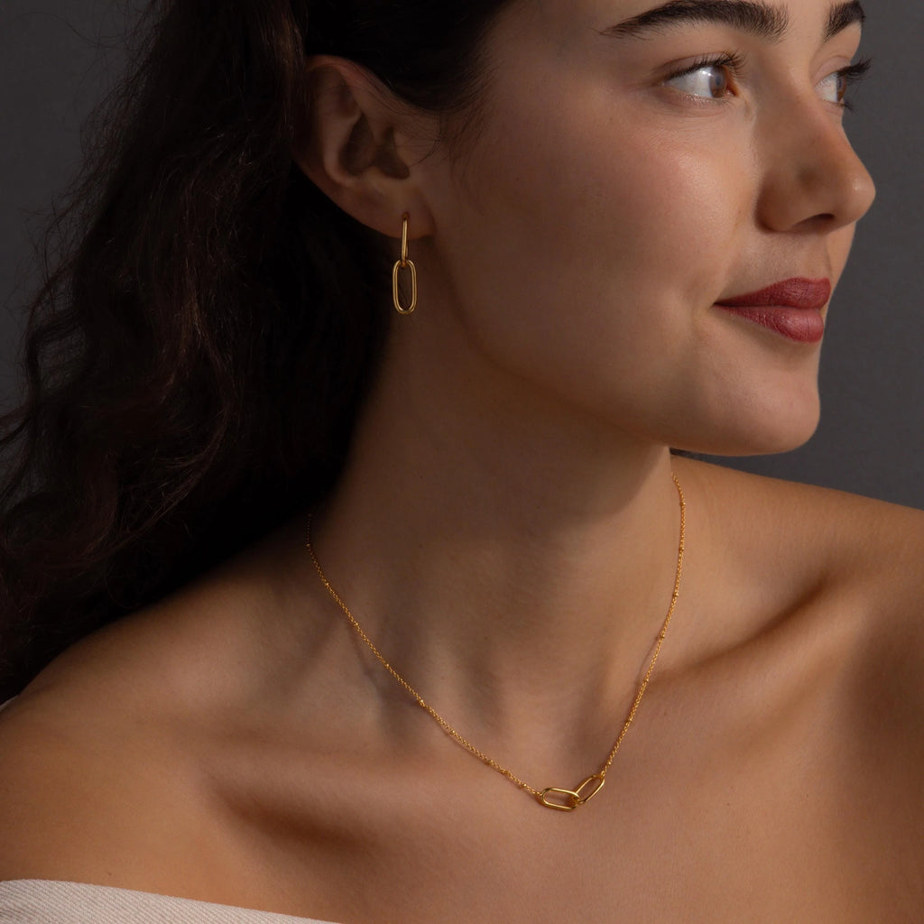 Linked Charm Necklace and Earrings Set Silver 18K Gold Plated