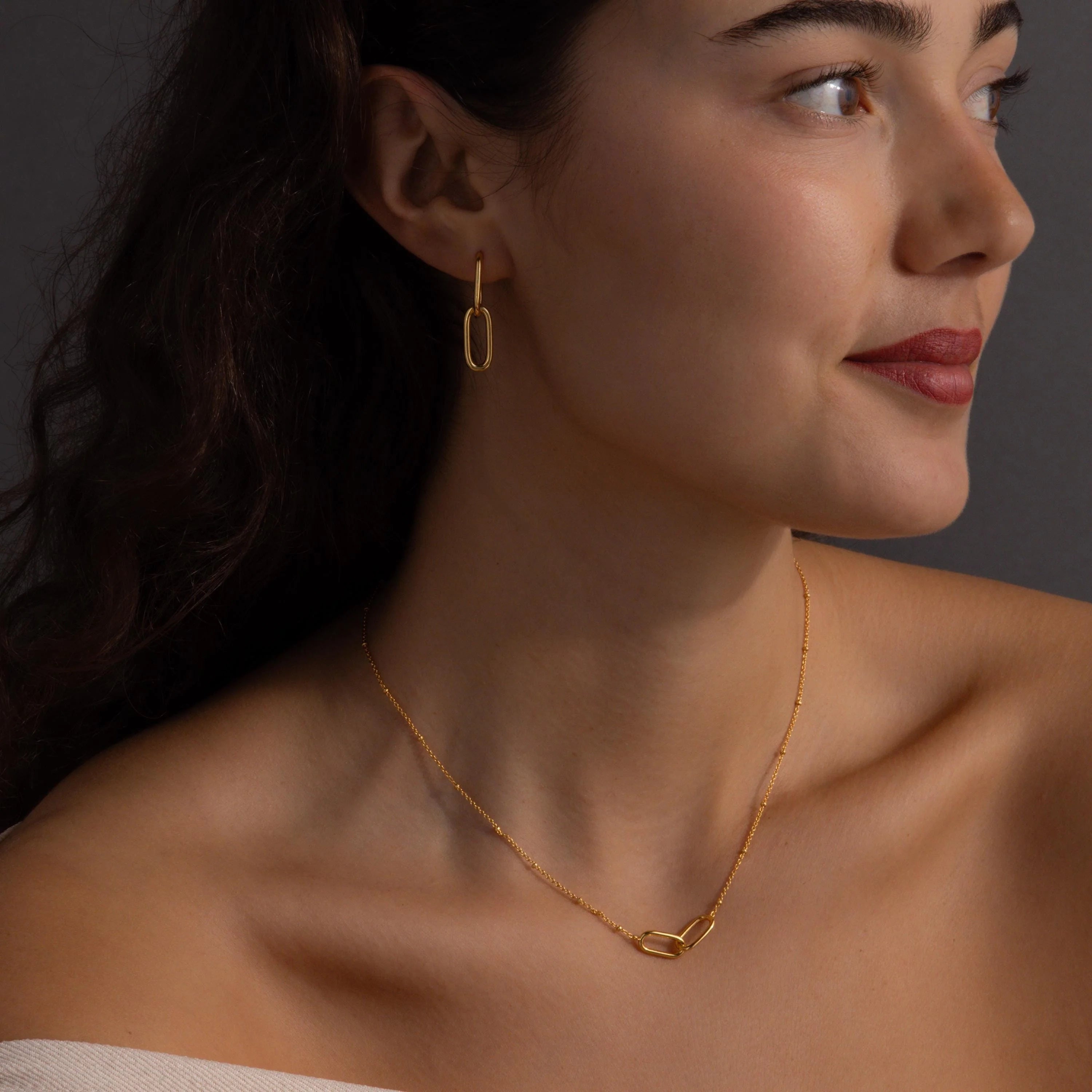 Linked Charm Necklace and Earrings Set Silver 18K Gold Plated