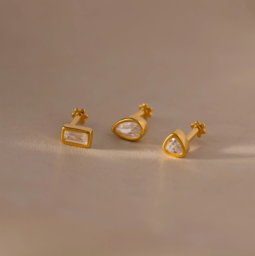 Diamond Bezel Flatback Studs Set Silver 18K Gold Plated