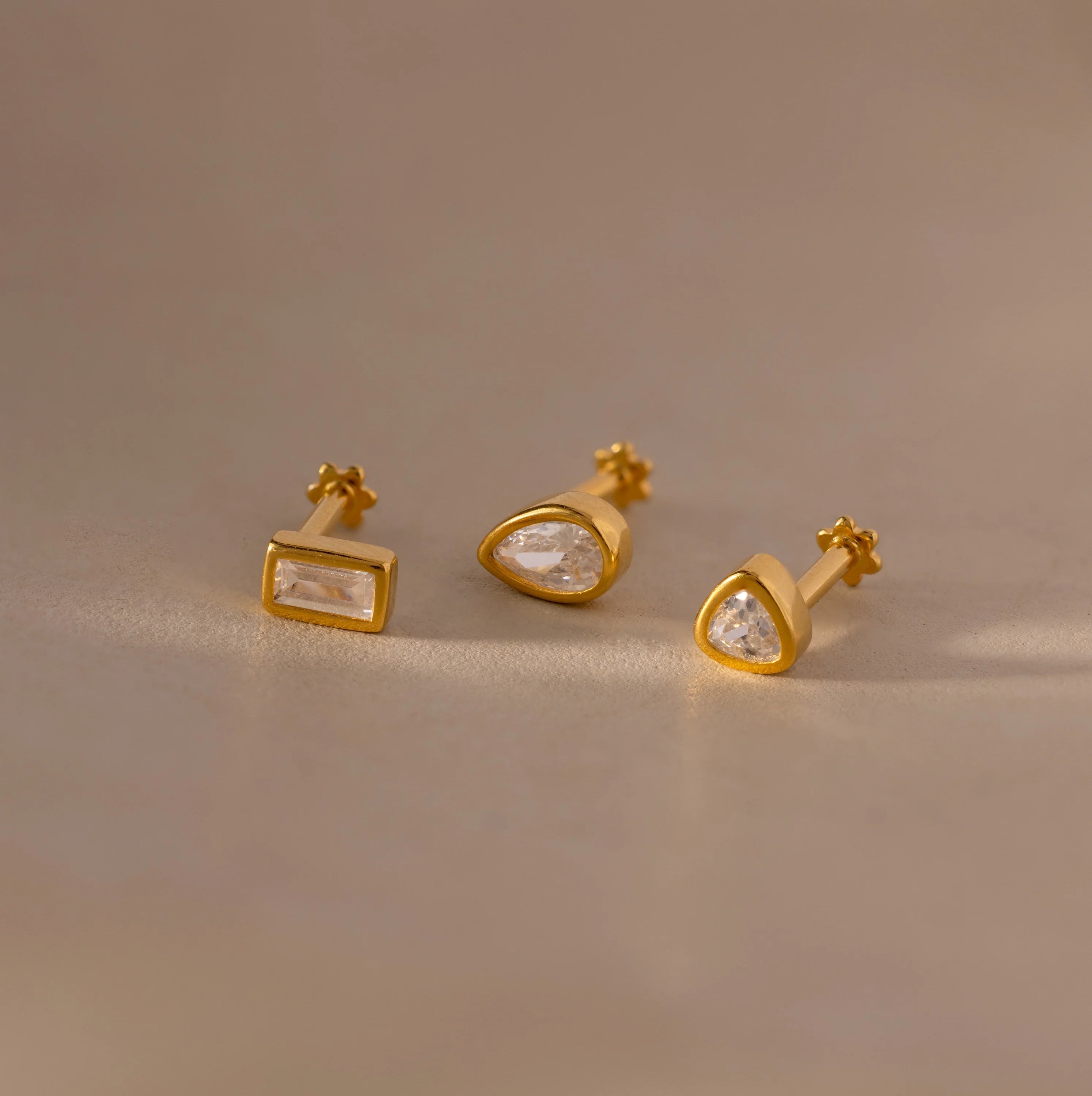 Diamond Bezel Flatback Studs Set Silver 18K Gold Plated