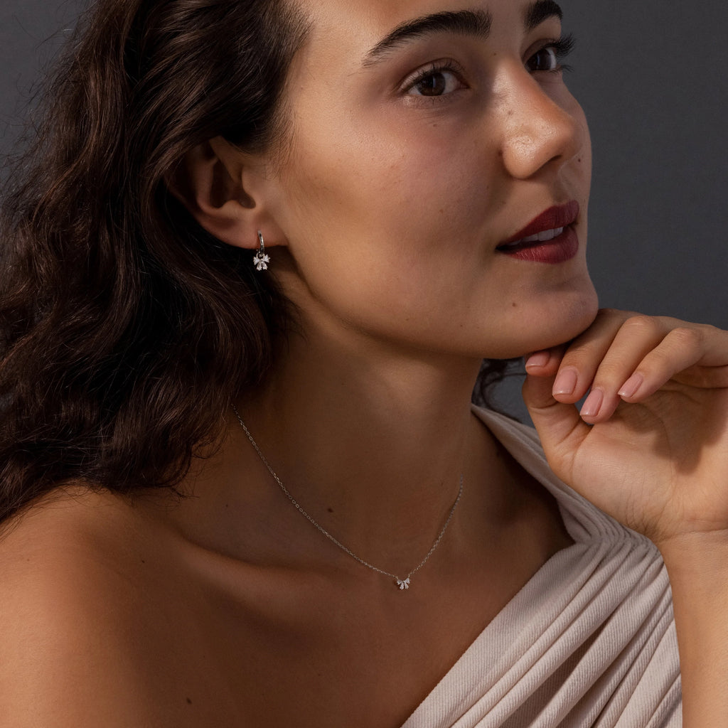 Diamond Bow Necklace & Earrings Set Silver 18K Gold Plated
