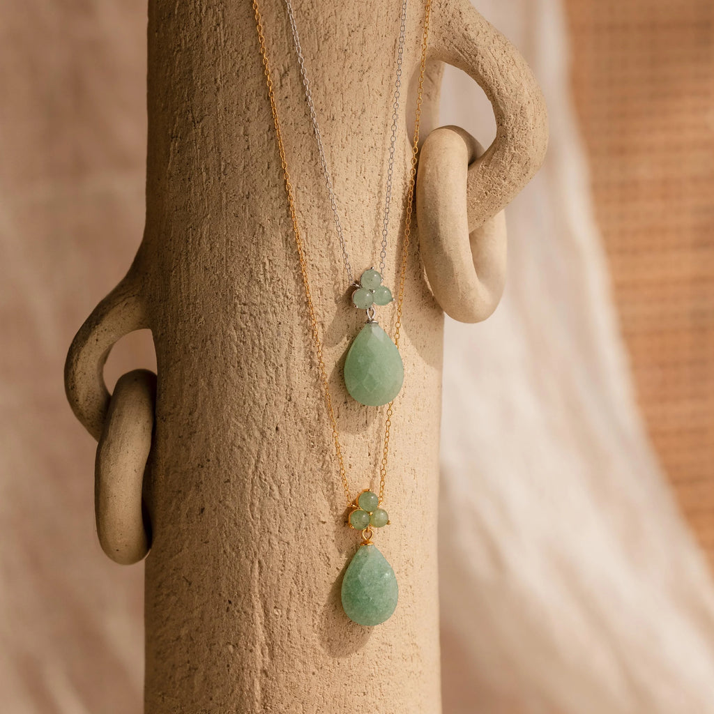 Jade Flower Teardrop Necklace Silver 18K Gold Plated