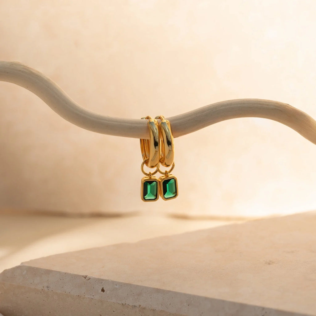 Dangling Emerald Birthstone Hoops Silver 18K Gold Plated