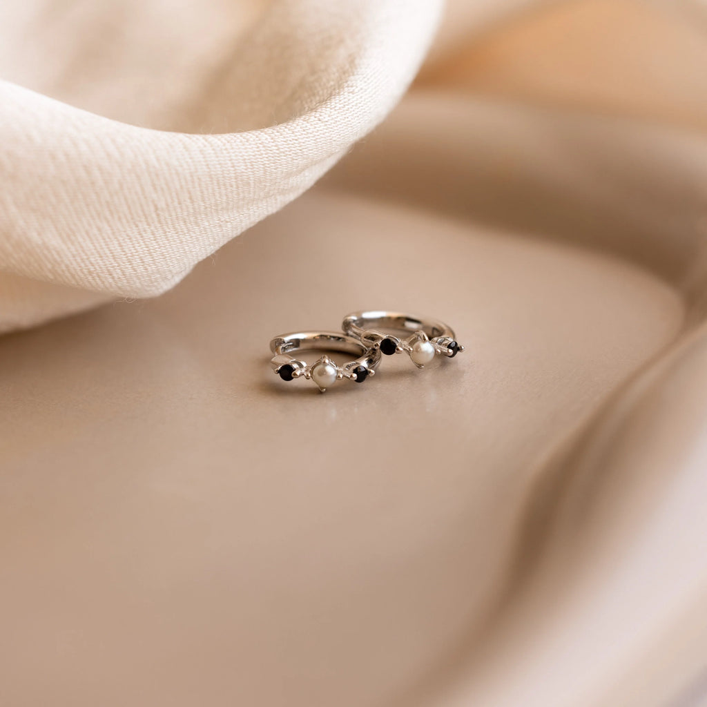 Pearl & Onyx Huggies Silver 18K Gold Plated
