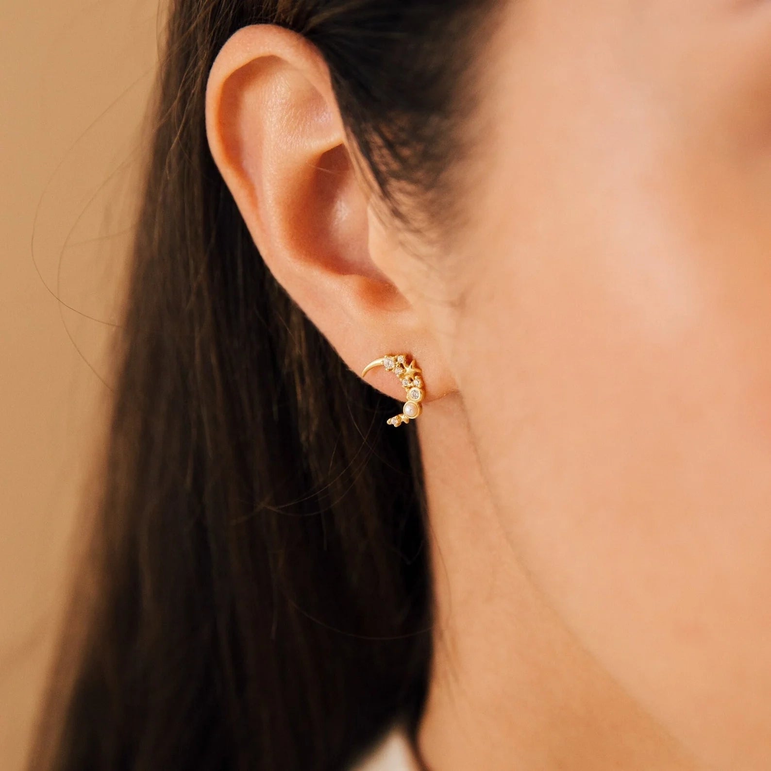 Crescent Moon & Star Stud Silver 18K Gold Plated