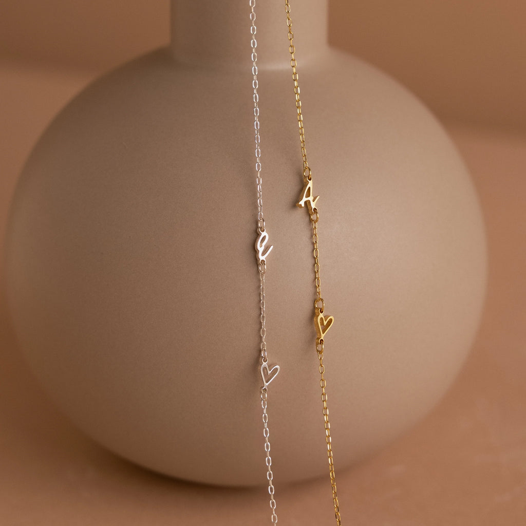 Sideways Initial Heart Necklace Silver 18K Gold Plated