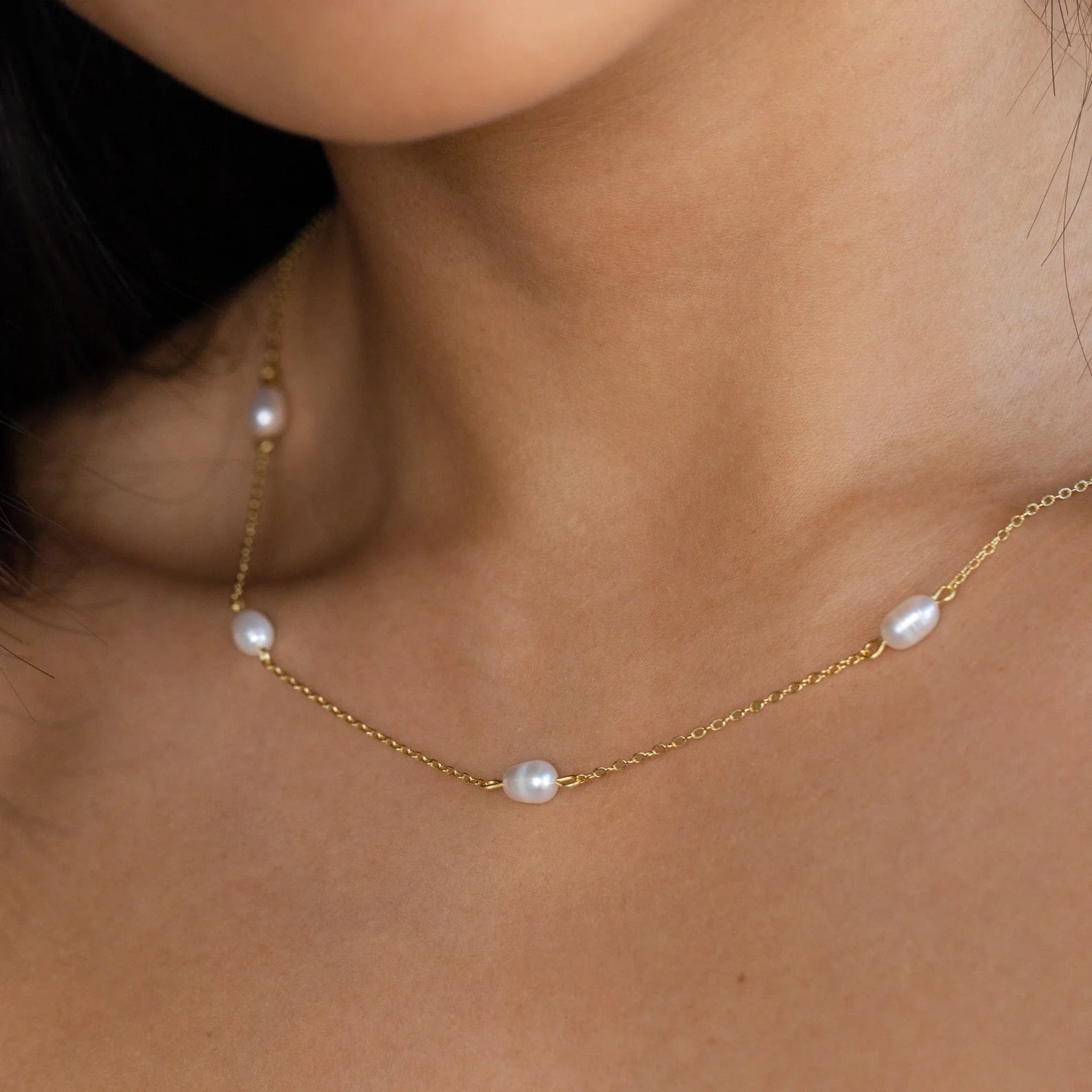 Anna Pearl Station Necklace Silver 18K Gold Plated