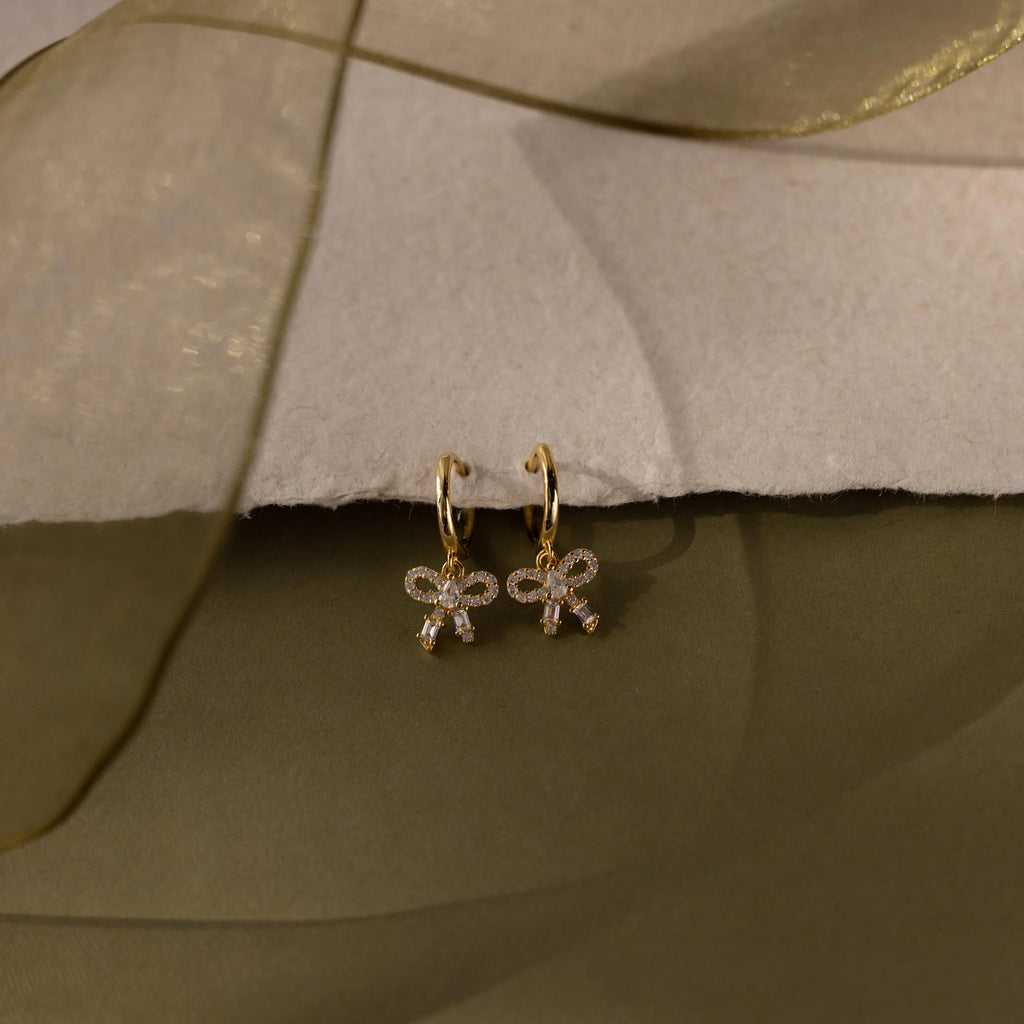 Diamond Pave Bow Charm Hoops Silver 18K Gold Plated
