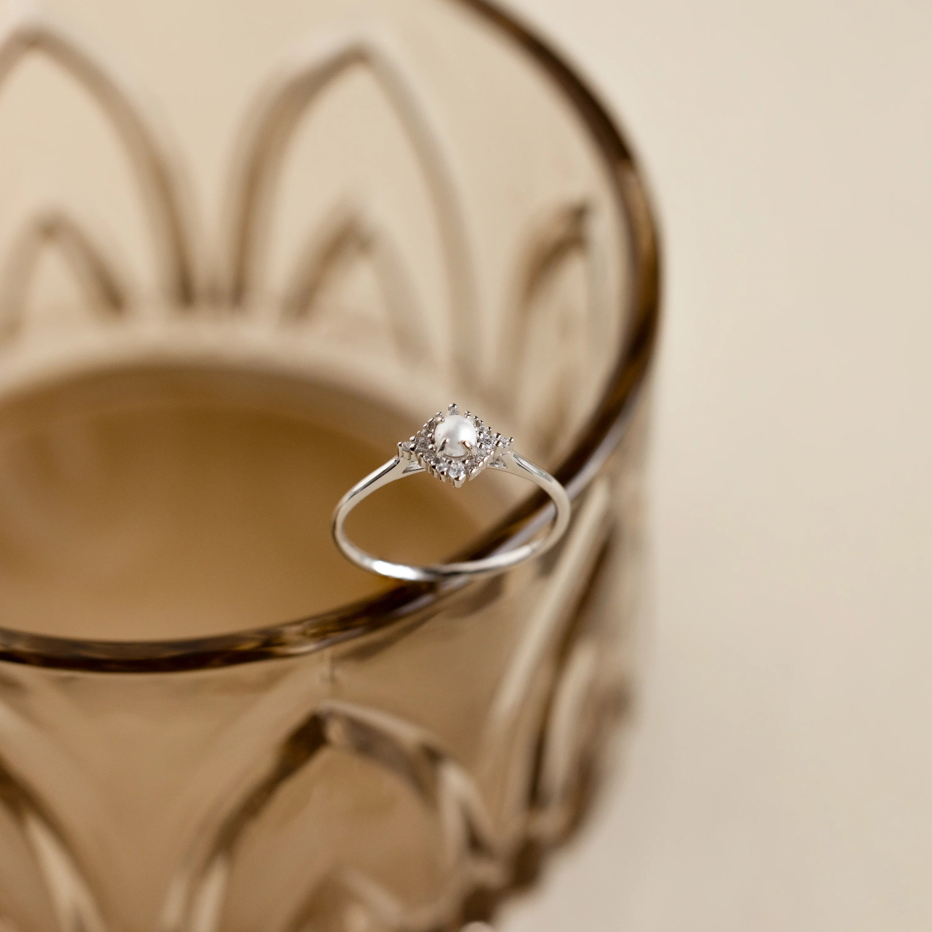 Vintage Pave Pearl Ring Silver 18K Gold Plated