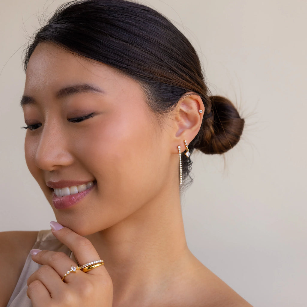 Princess Diamond Drop Studs Silver 18K Gold Plated