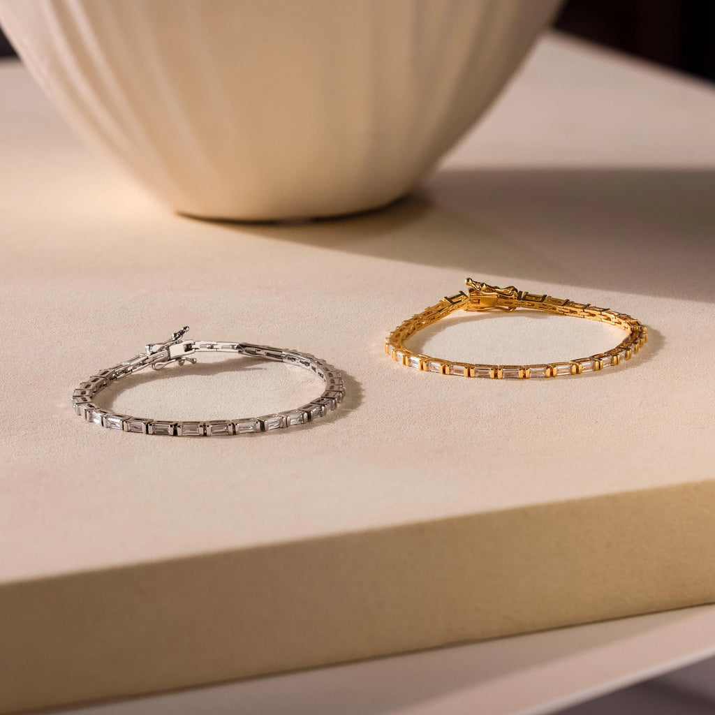 Baguette Diamond Tennis Bracelet Silver 18K Gold Plated