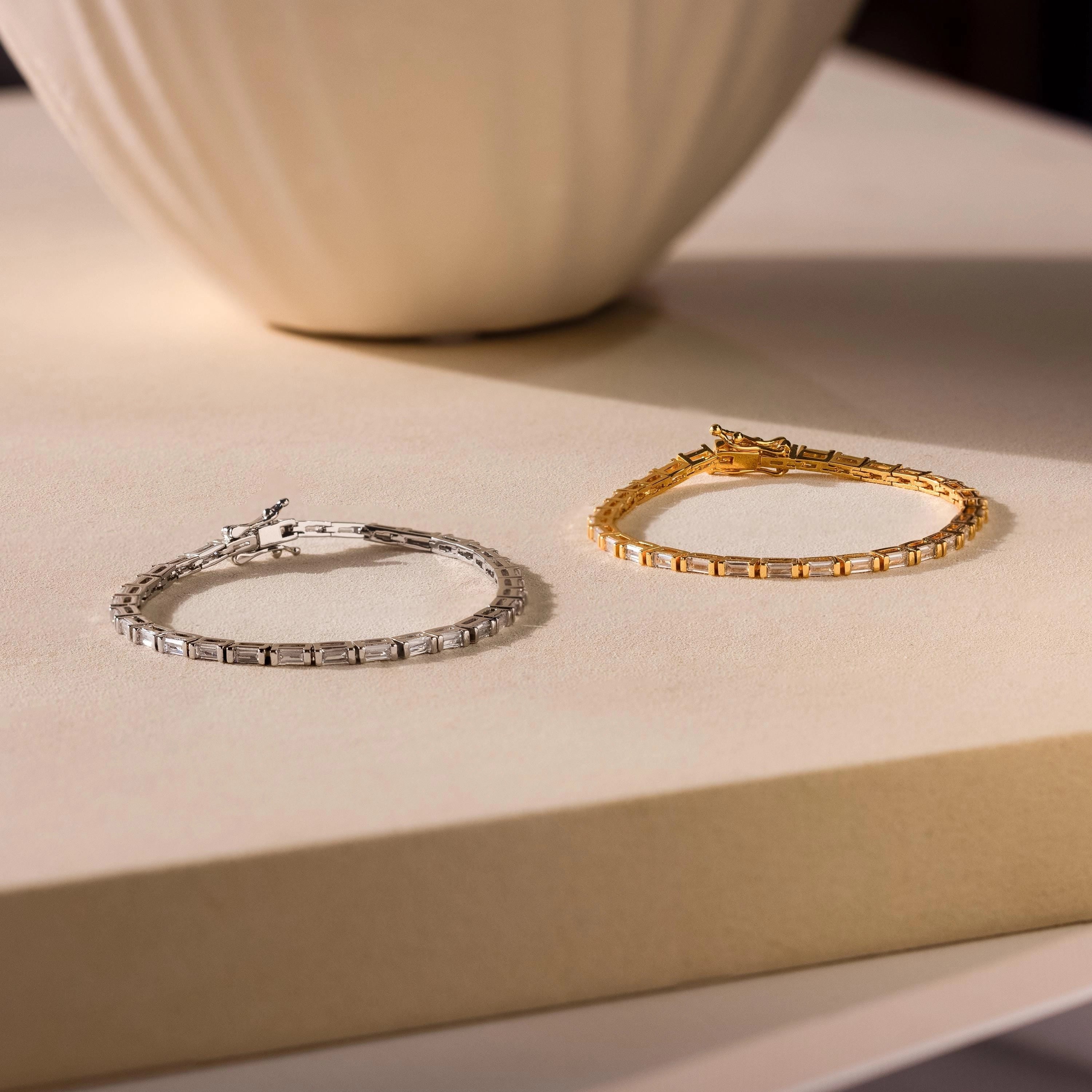 Baguette Diamond Tennis Bracelet Silver 18K Gold Plated