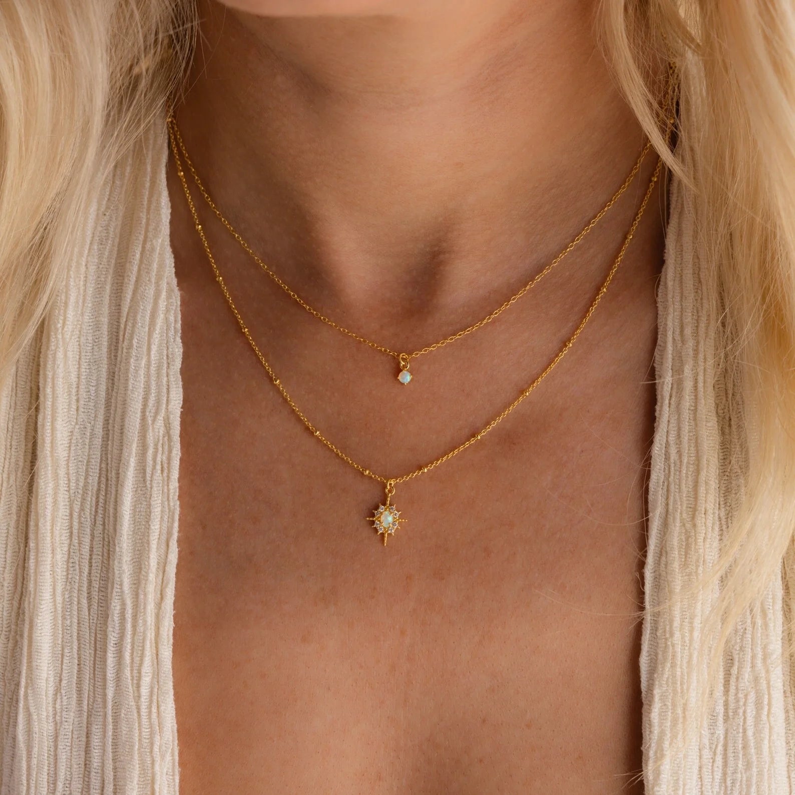 Opal Star Duo Necklace  Silver 18K Gold Plated