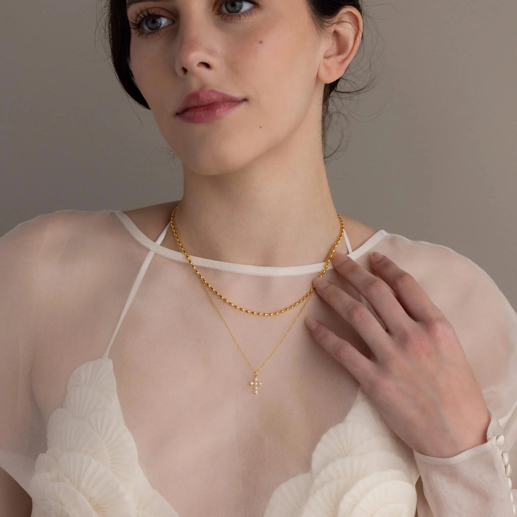 Pearl Cross Necklace Silver 18K Gold Plated