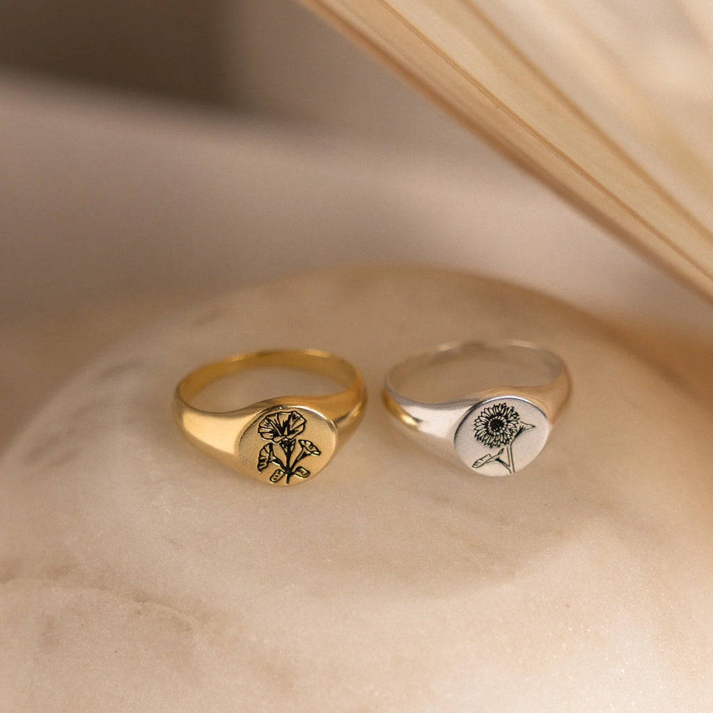 Birth Flower Signet Ring Silver 18K Gold Plated
