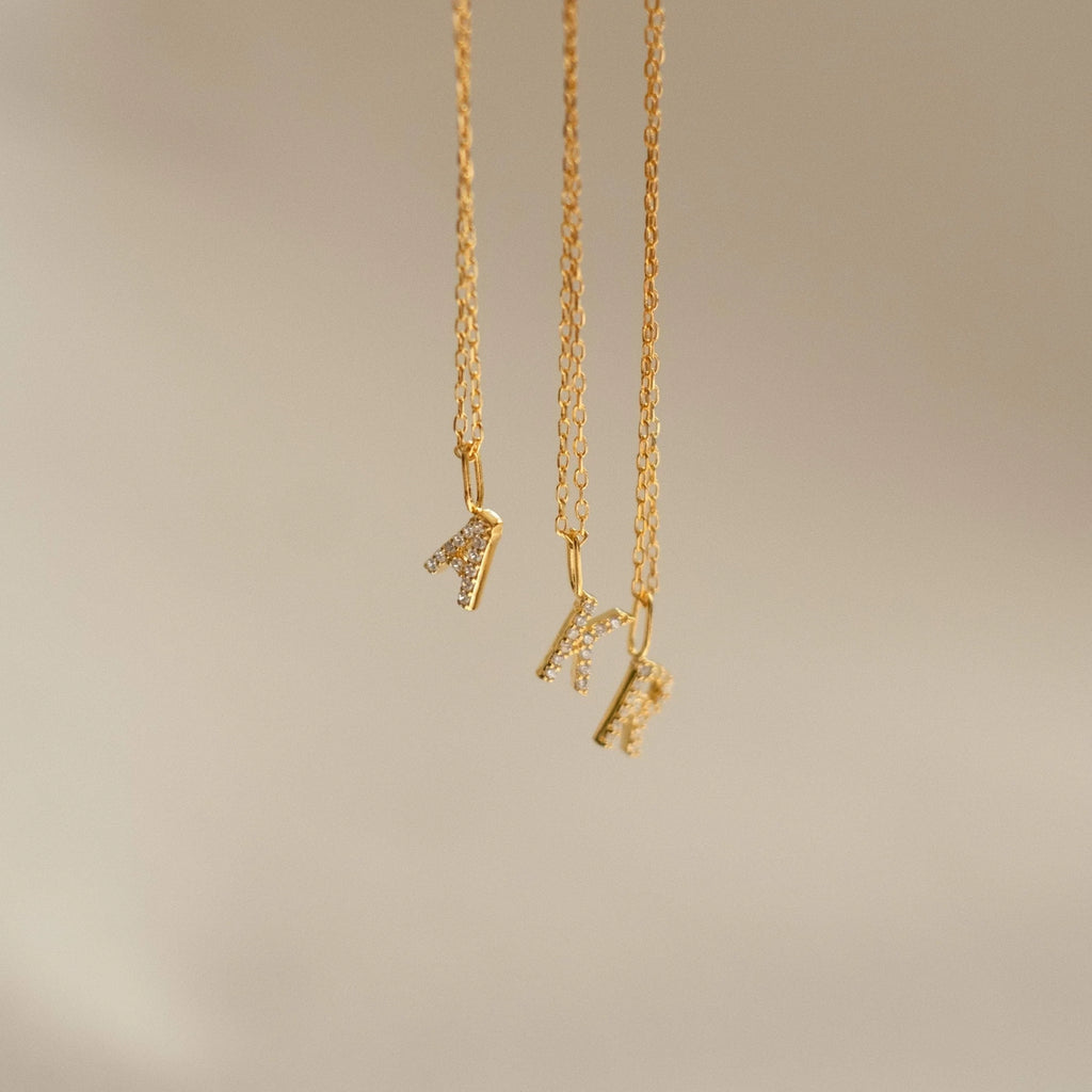 Dangling Pave Initial Necklace Silver 18K Gold Plated