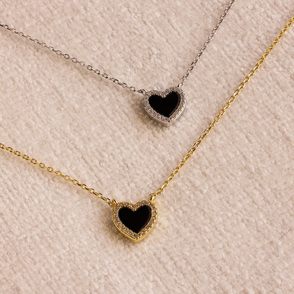 Pave Diamonds Onyx Heart Necklace Silver 18K Gold Plated