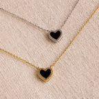 Pave Diamonds Onyx Heart Necklace Silver 18K Gold Plated