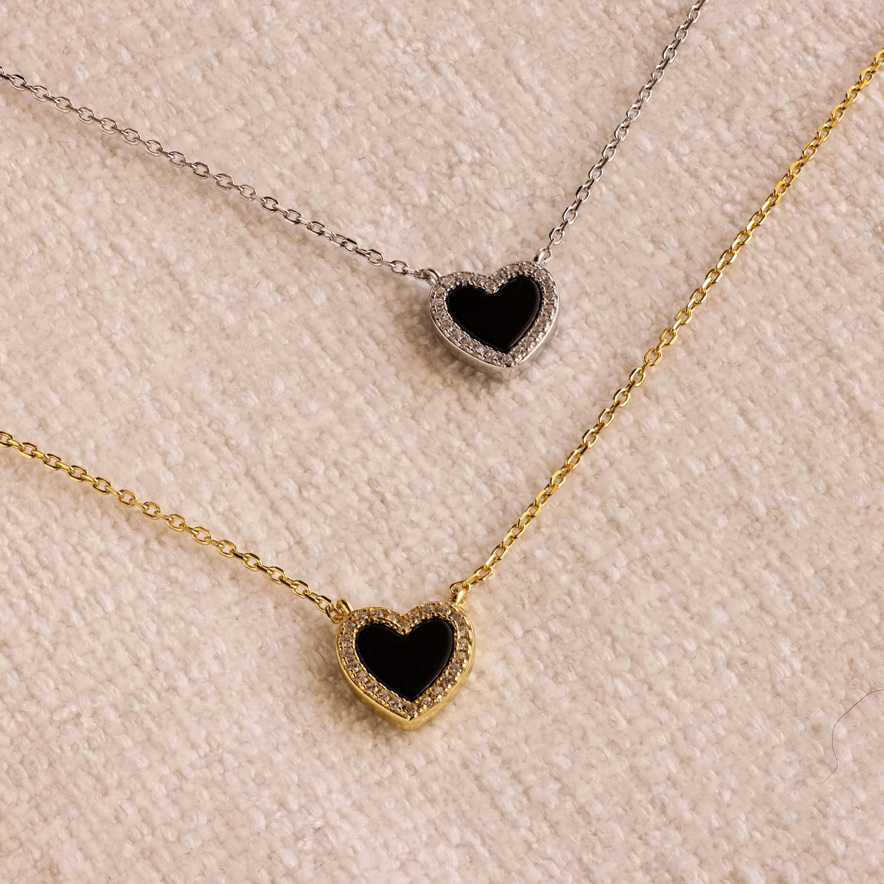 Pave Diamonds Onyx Heart Necklace Silver 18K Gold Plated
