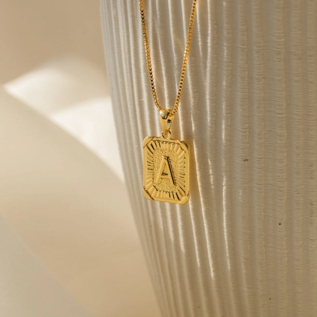 Initial Rectangle Pendant Necklace Silver 18K Gold Plated