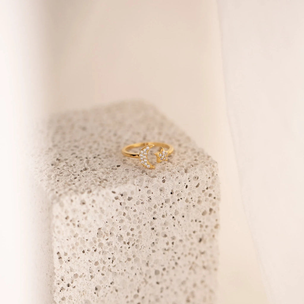 Pave Star and Moon Ring: Sterling Silver with 18K Gold Finish and Celestial Design