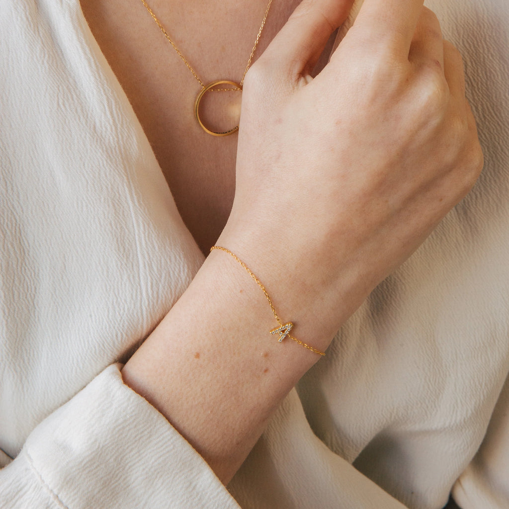 Pave Initial Bracelet Silver 18K Gold Plated