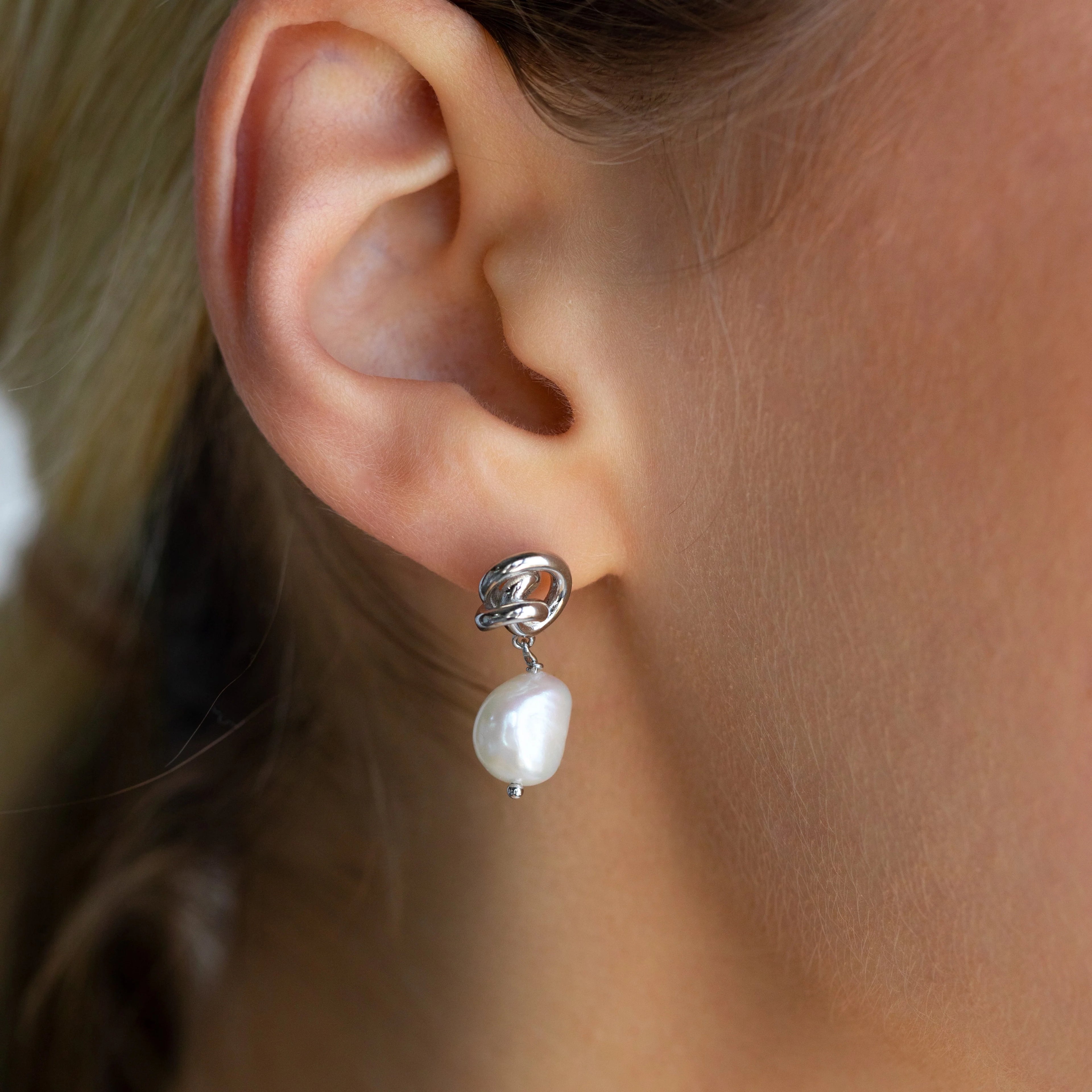 Knot Pearl Drop Earrings Silver 18K Gold Plated