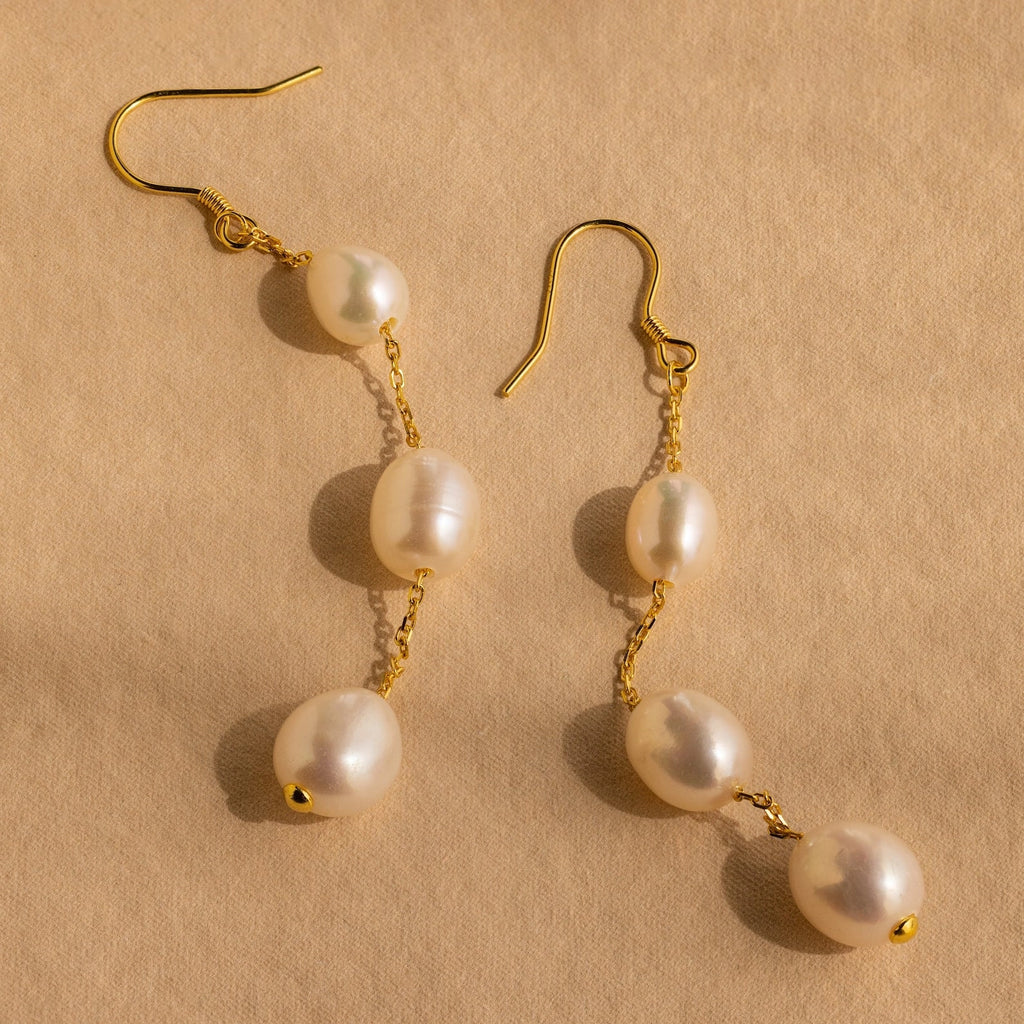 Long Pearl Dangle Earrings Silver 18K Gold Plated