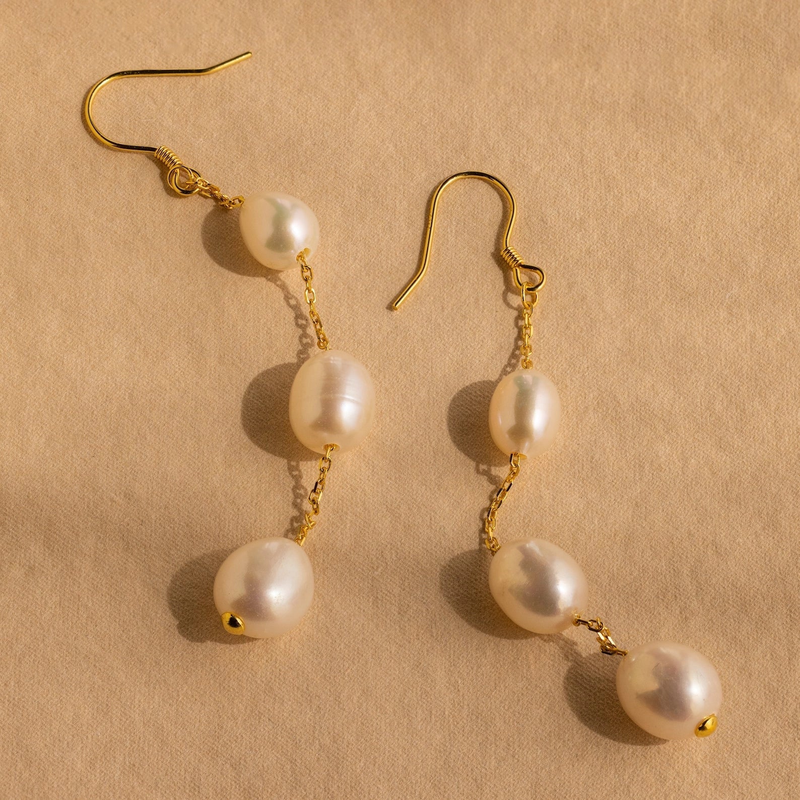 Long Pearl Dangle Earrings Silver 18K Gold Plated
