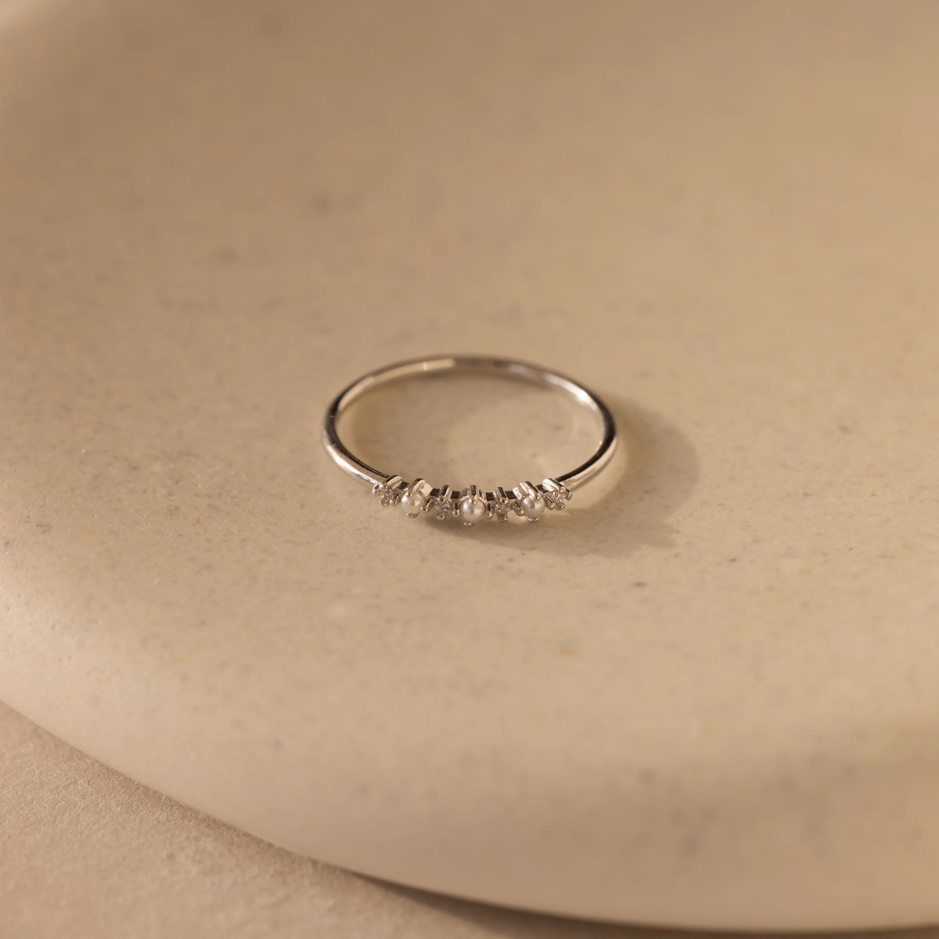 Delicate Pearl Diamond Ring Silver 18K Gold Plated