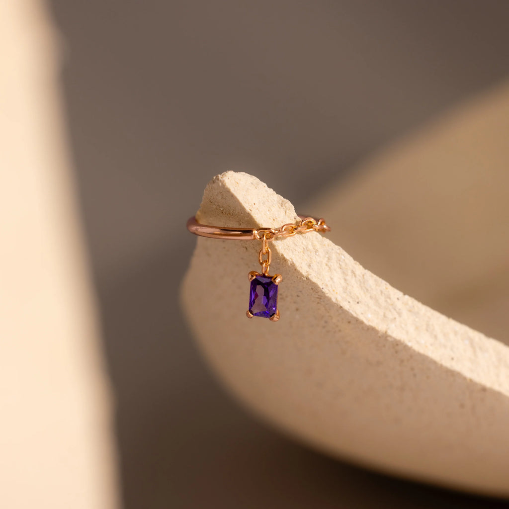 Amethyst Drop Chain Ring Silver 18K Gold Plated