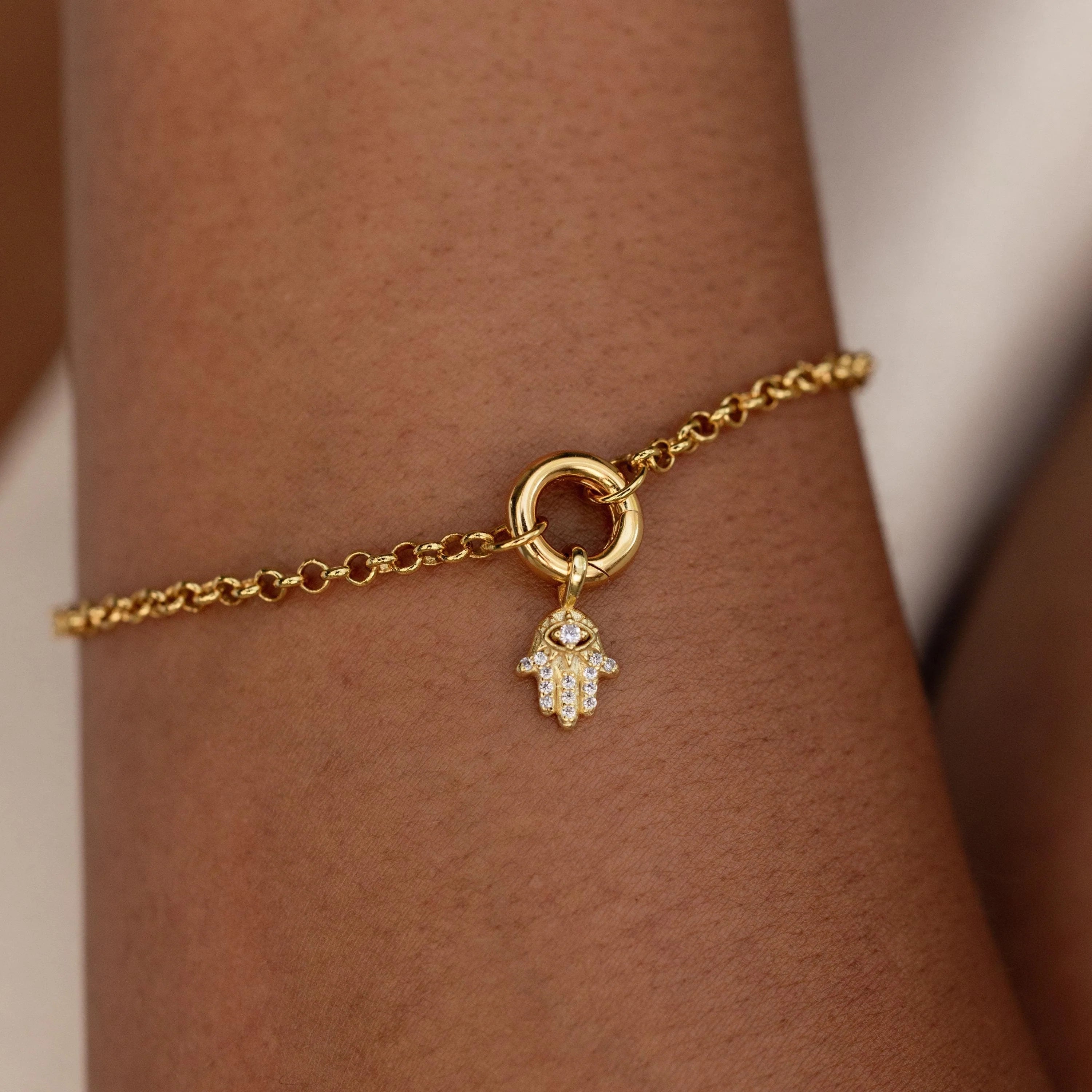 Pave Hamsa Hand Charm Silver 18K Gold Plated