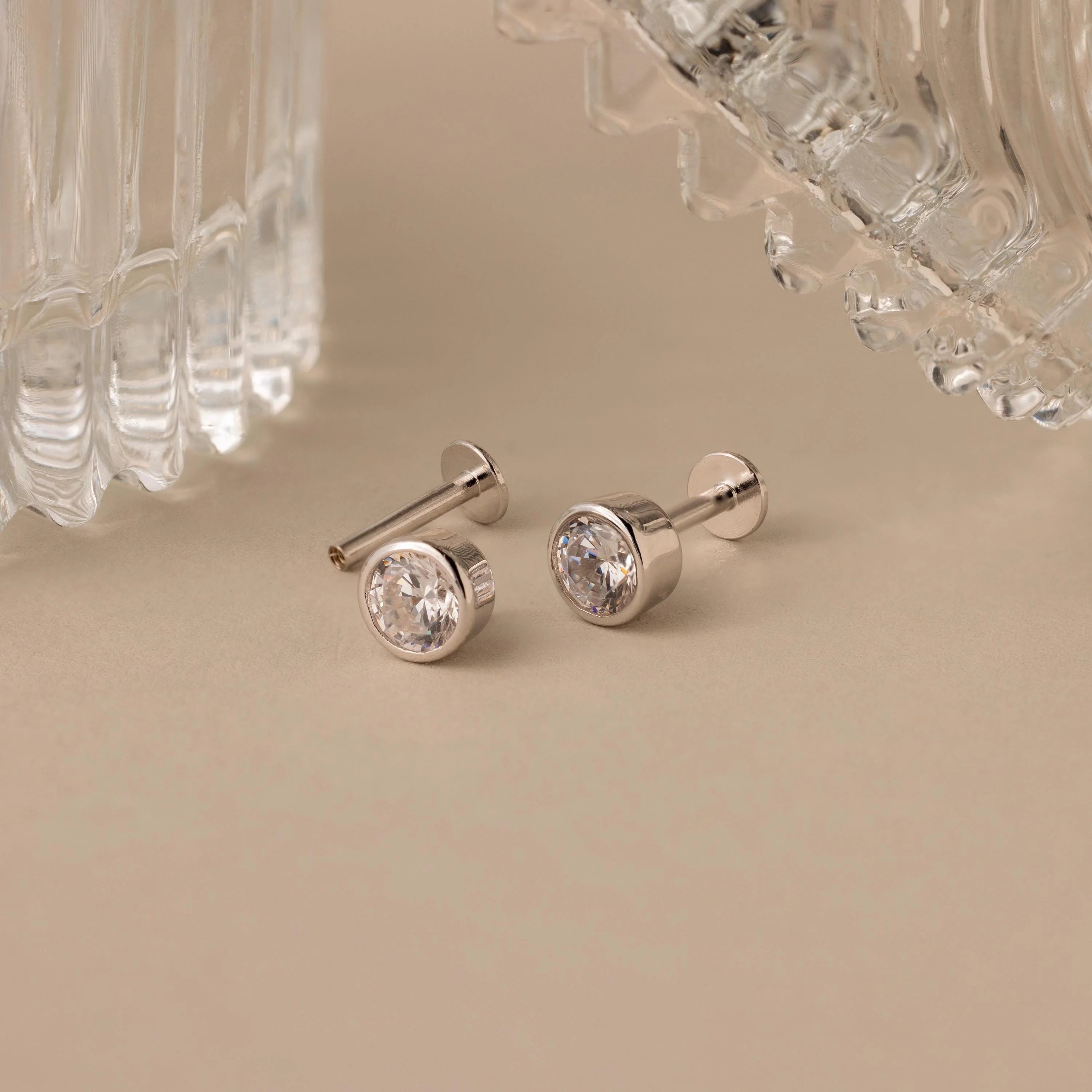 Diamond Bezel Flatback Studs Silver 18K Gold Plated