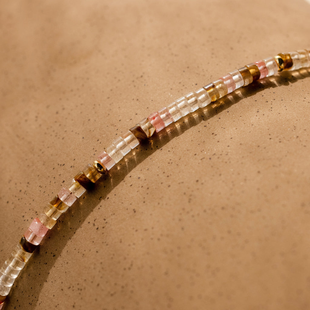 Rose Quartz Beaded Necklace Silver 18K Gold Plated