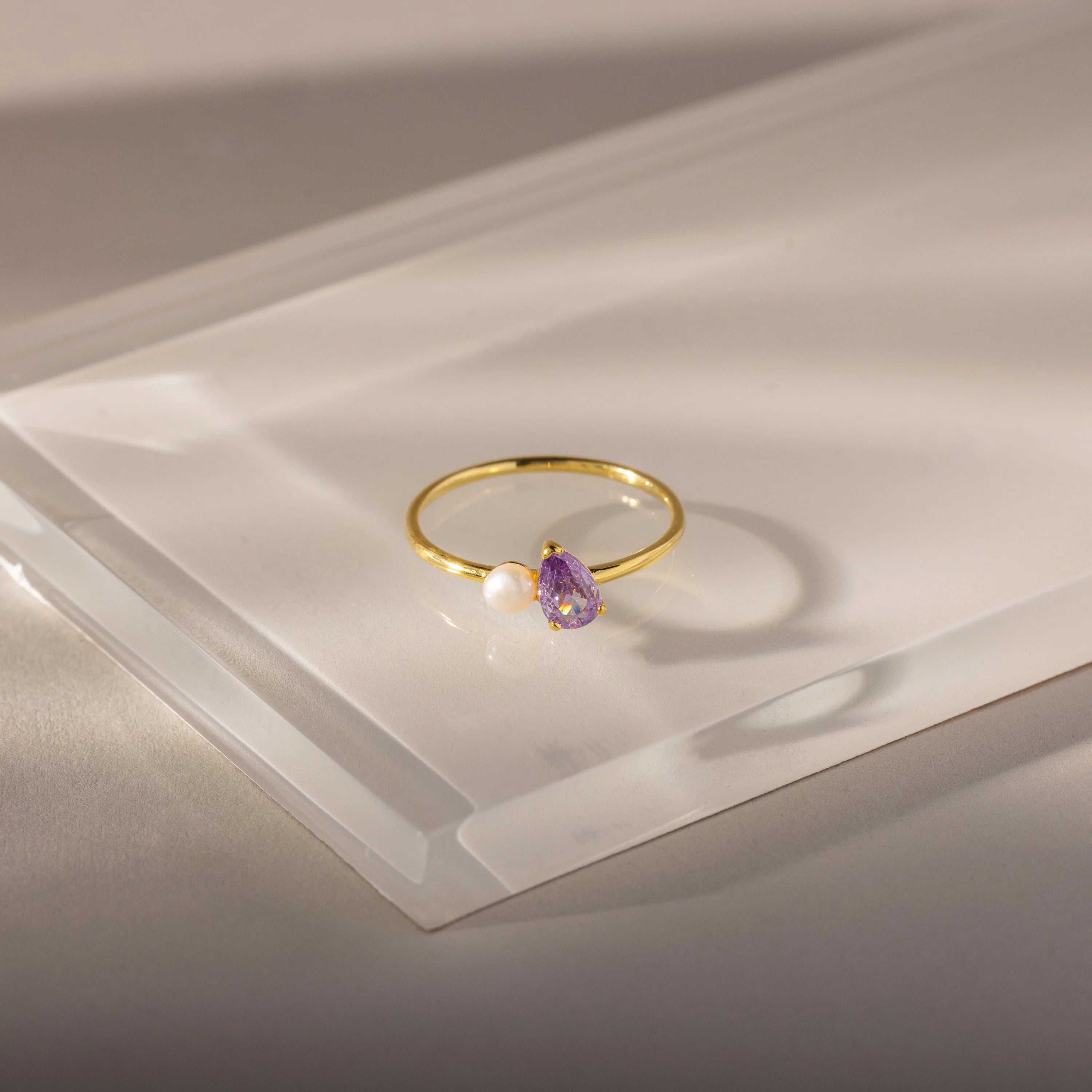 Teardrop Stone Alexandrite & Pearl Ring Silver 18K Gold Plated