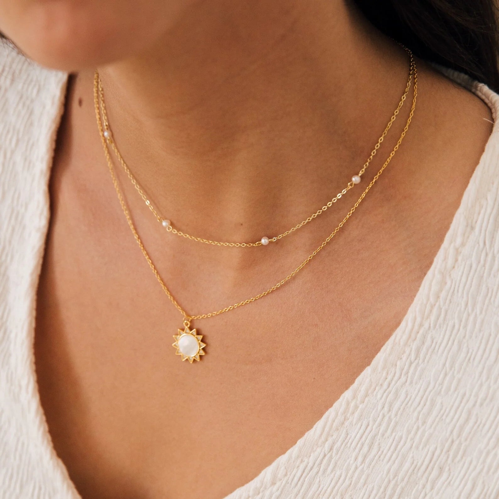 Beaded Pearl Station Necklace Silver 18K Gold Plated