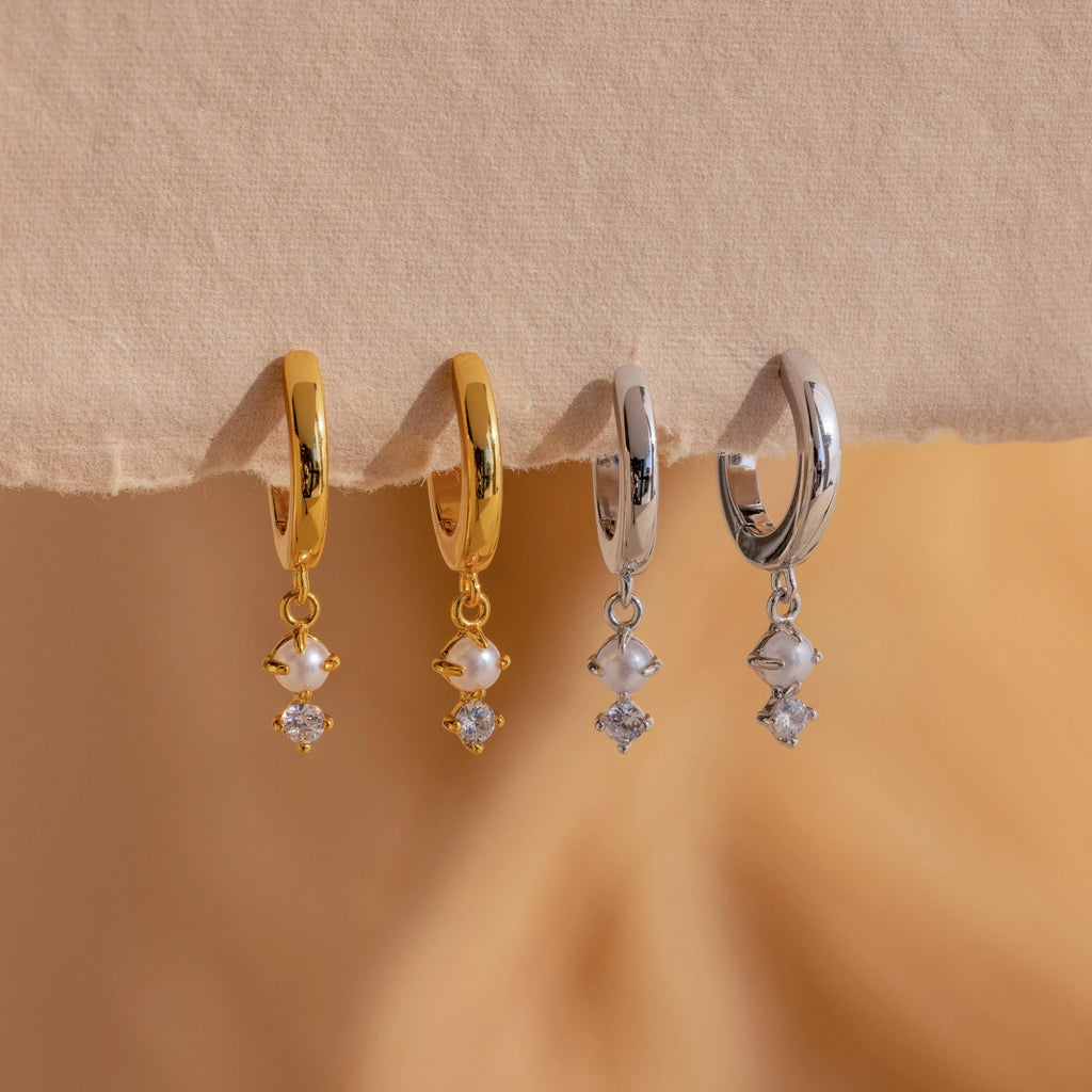 Dangling Pearl Diamond Huggies Silver 18K Gold Plated