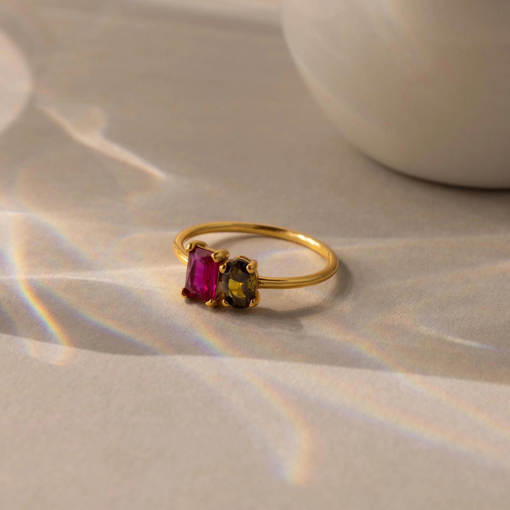Toi et Moi Oval Birthstone Ring Silver 18K Gold Plated