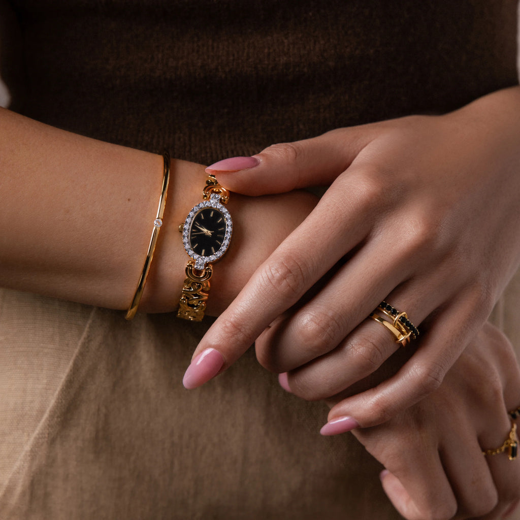Diamond Pave Onyx Timepiece Silver 18K Gold Plated