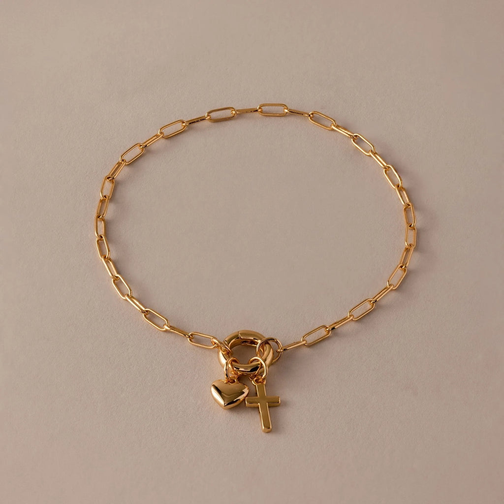 Cross/Heart Charm Rolo Clasp Bracelet Silver 18K Gold Plated