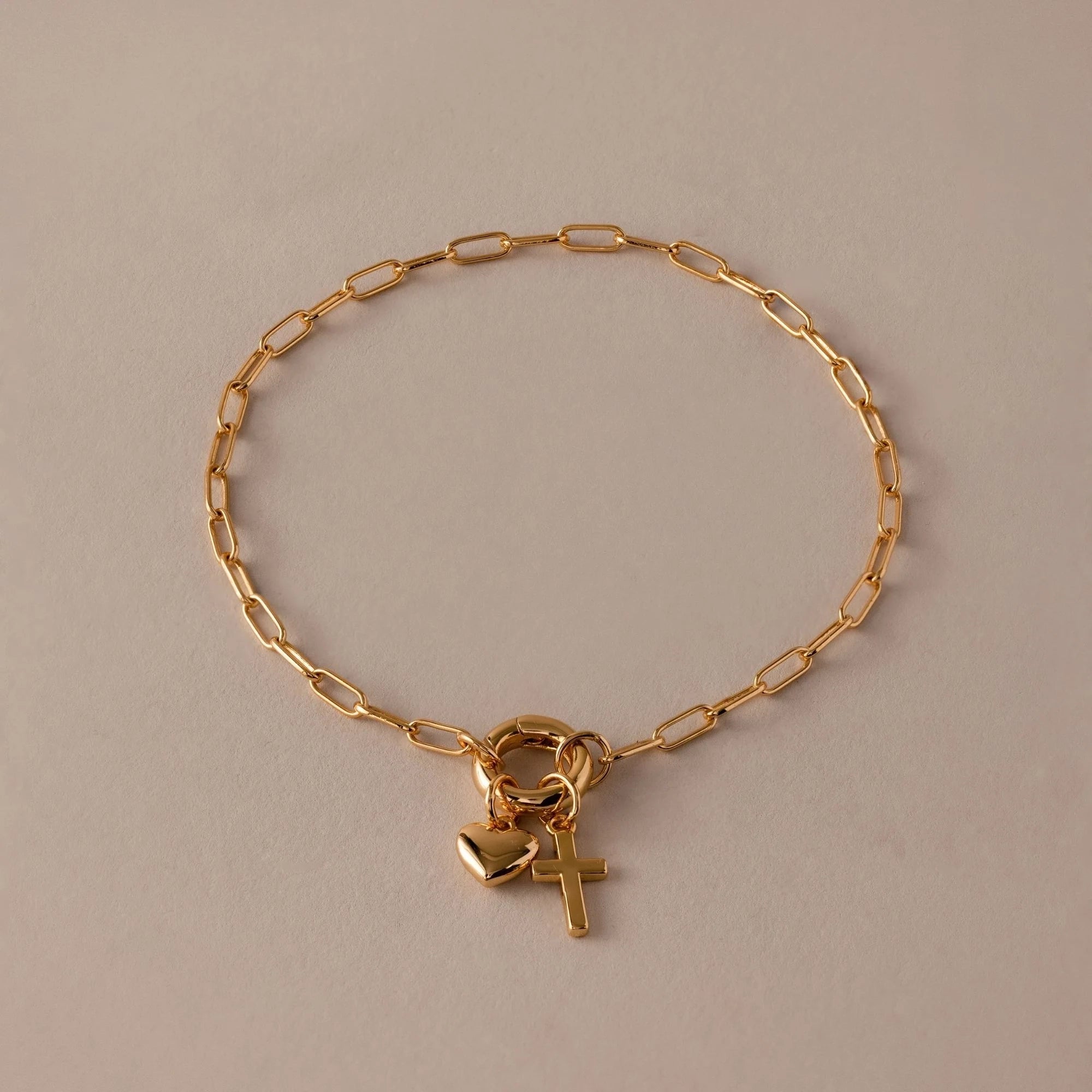 Cross/Heart Charm Rolo Clasp Bracelet Silver 18K Gold Plated